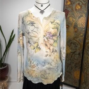 Y2K Fairy Floral Henley Top Womens Sheer Long Sleeve Rhinestone Detail